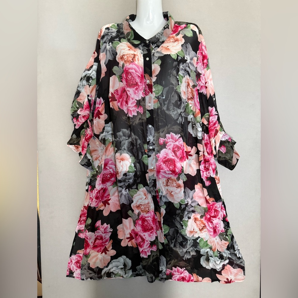 Calvin Klein Floral Button Down Shirt 2XL Multicolor Womens long Sheer Roll Tab